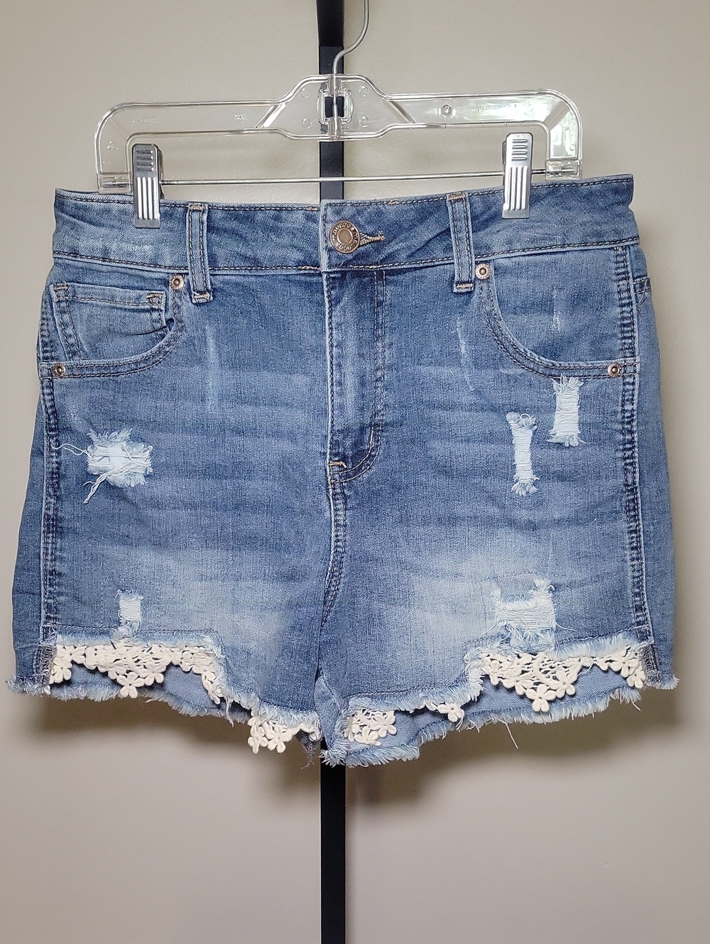 Maurices Blue Distressed Denim Shorts with White Lace Trim
